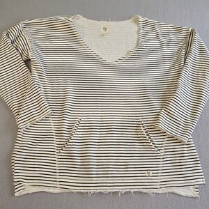 Billabong Pullover Top Womens Large White Black Striped V-Neck Raw Hem Surf